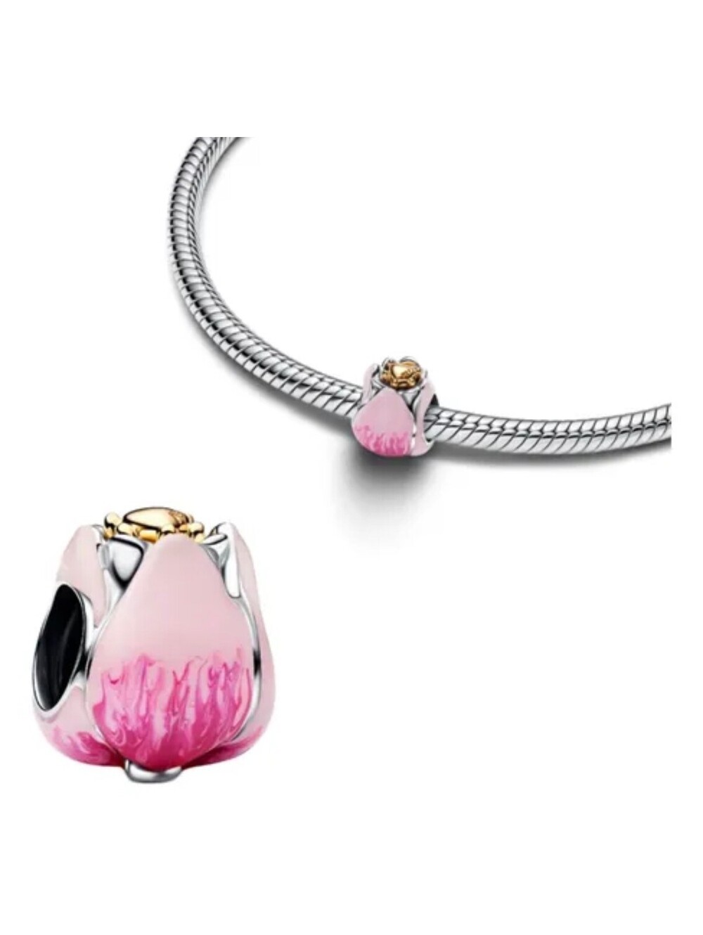 New Pandora Pink Tulip Charm with 14k flower two tone Bead charm